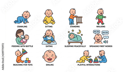 Baby milestone and parenting flat vector icon set isolated on white background