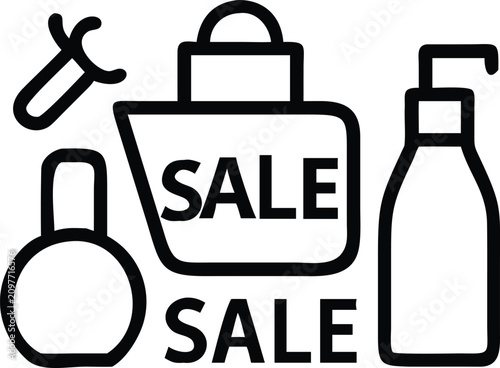 Linear icons of shopping bag sale and cosmetic bottle in black and white line design.
