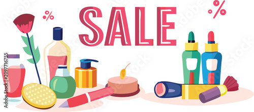 Sale banner featuring variety of cosmetic products like makeup bottles and accessories.