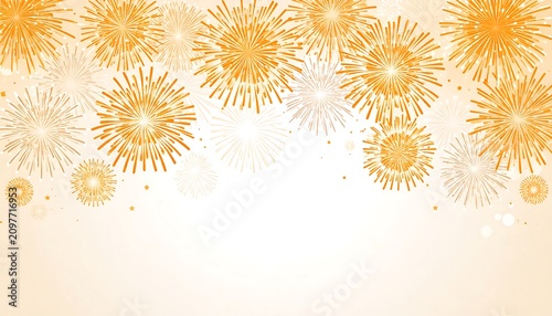 A festive illustration of orange and white firework explosions on a gradient beige background, with a blank white space below