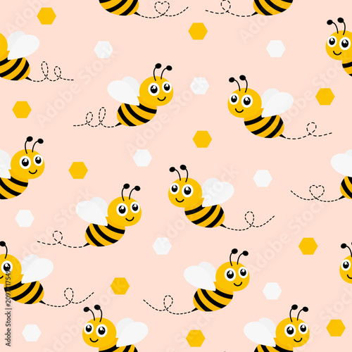 Seamless pattern featuring adorable bees flying around honeycombs. Bright vector illustration with cute cartoon insects ideal for summer cards.