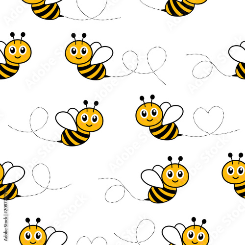 Cute bee pattern with dotted path. Seamless vector design perfect for children's textiles and spring wallpaper.