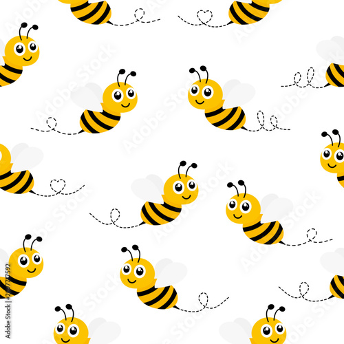 Cute bee pattern with dotted path. Seamless vector design perfect for children's textiles and spring wallpaper.