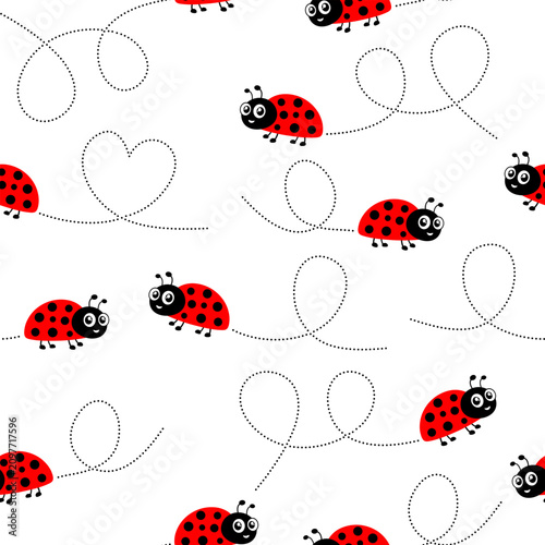 Charming ditsy print with red beetles on white. Vector design perfect for children's textiles, spring wallpaper, nursery decor, or baby shower gifts.