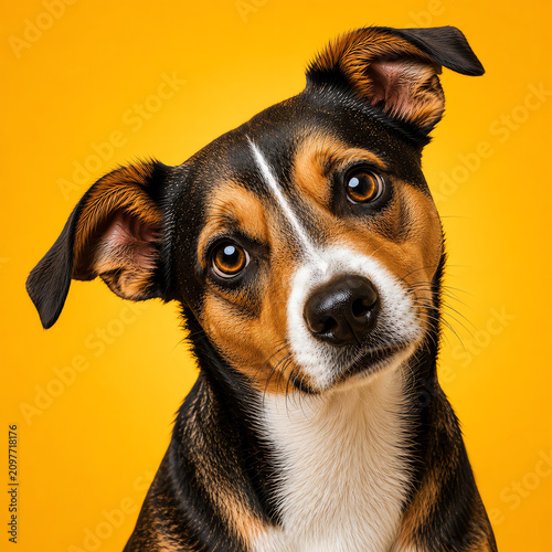 Animal Emotions. A dog with an expectant expression on a bright yellow background conveys contemplation, curiosity, decision-making, humor, and expressive behavior