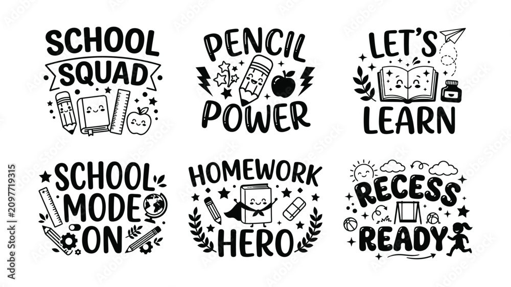 Obraz premium Collection of cute hand drawn school themed designs with playful lettering and kawaii style illustrations