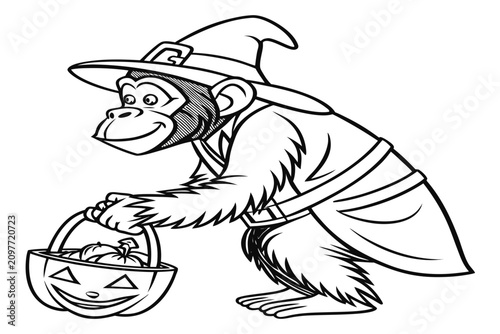Canvas Print coloring page line art the halloween chimpanzee animal black vector