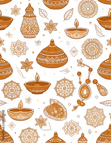 A festive pattern of intricately designed traditional lamps and ornaments in warm orange hues on a white background