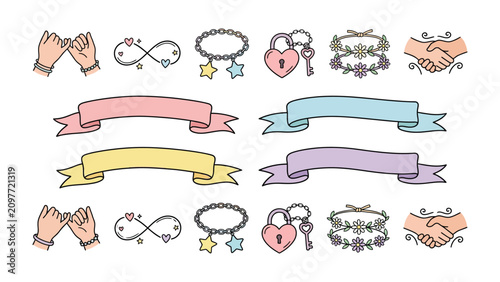 Bild auf Leinwand Friendship and Love Symbols: A charming collection of hand-drawn icons representing friendship, love, and connection, including pinky promises, infinity symbols, heart lockets, and wreaths