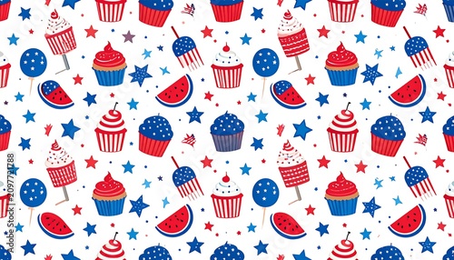 A festive pattern of red, white, and blue cupcakes, stars, watermelon slices, and flags on a white background