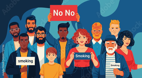 Photos Diverse crowd protesting against smoking with placards vector illustration