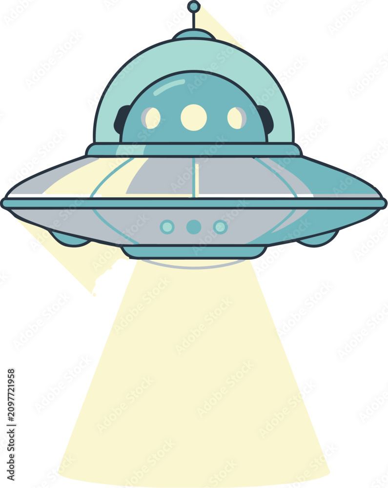 Fototapeta premium Retro teal and yellow flying saucer emitting a bright beam of light, a charming minimalist flat design for sci-fi and alien-themed projects.