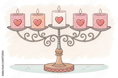 Candle holder, heart candles, Valentine's Day decor, romantic ambiance, vector illustration
