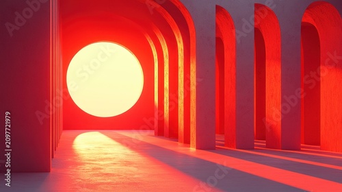 Arches in corridor under sunset glow