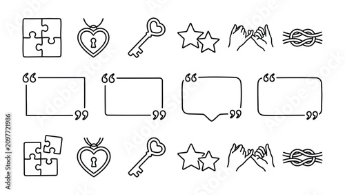 Photos Collection of Icons: A compilation of simple, line-art icons representing puzzles, lockets, keys, stars, hand gestures, knots, and speech bubbles, offering versatile visual elements