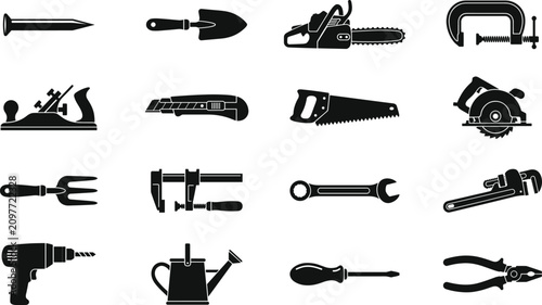 Fotografía Carpentry hand tools and gardening equipment icons, black hardware repair workma