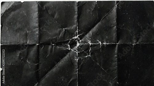 Grungy dark black paper texture with heavy creases distressed material background wrinkled crinkled abstract backdrop structure creative paperwork template monochrome darkness