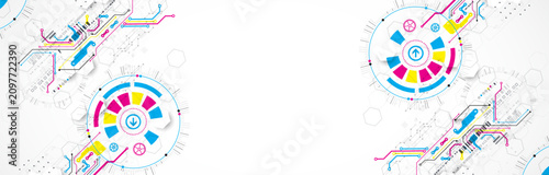 Abstract technological background with various elements. CMYK concept. Vector