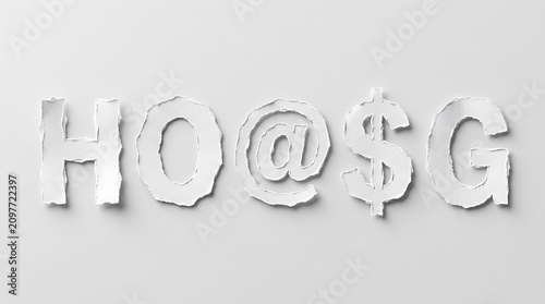 Hog@s text crafted from torn white paper pieces isolated on white background with hog s typography alphabet creative isolated papercraft handmade composition character paperwork signboard