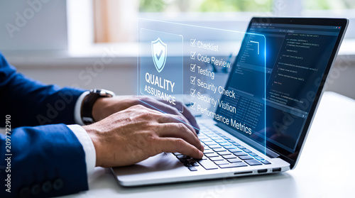 Software developer working on quality assurance and code testing on laptop