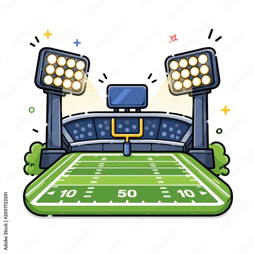 Fototapeta premium Bright american football stadium with green field and floodlights