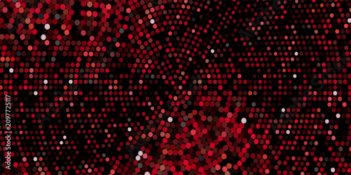 Red disco ball mosaic vector background. Radial circular pattern of red square tiles with glowing sparkles  symbolizing party  dance  glitter  neon club  and festive event backdrop.