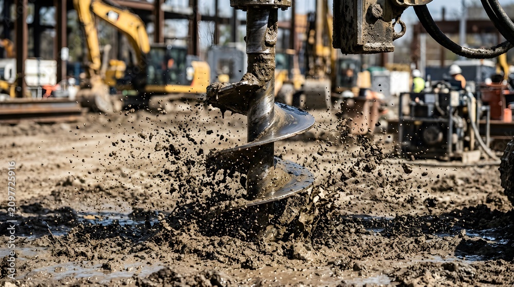 Fototapeta premium Powerful auger bit digging into muddy soil, preparing groundwork for new infrastructure