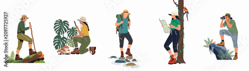 Foto Collection of diverse outdoor enthusiasts engaged in hiking, birdwatching, and nature exploration activities in a modern flat illustration style
