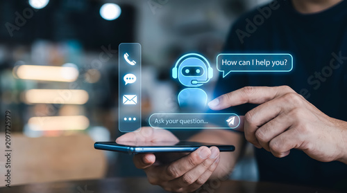 Customer service chatbot interface on smartphone screen, digital assistant for online support, ai technology concept