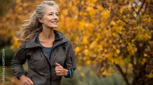 Mature woman jogging in autumn park for cardiovascular health. Senior female runner training for heart fitness and active lifestyle. Wellness exercise for hormone balance and energy.