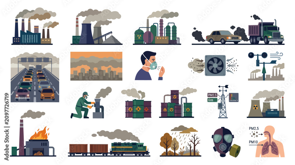 Fototapeta premium Environmental Air Pollution Flat Vector Illustration Set with Industrial Emissions and Health Risks