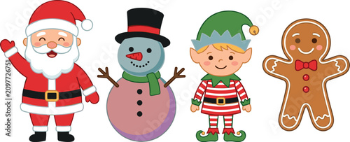 Cute Christmas cartoon characters vector collection with smiling Santa Claus friendly snowman helper elf and sweet holiday gingerbread man on white background