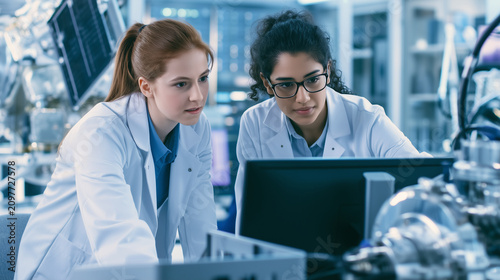 Two female engineers collaborating at a computer inside an aerospace satellite manufacturing facility, diverse multi-ethnic scientists working on advanced space technology research