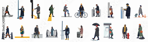 Canvastavla Diverse group of people wearing face masks in various urban commuting and daily life scenarios during pandemic, flat illustration vector set