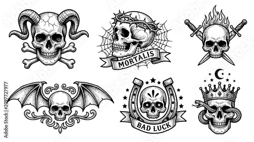 Photography Skull Tattoo Designs: Horned, Crowned, and Flaming Skulls with Symbols