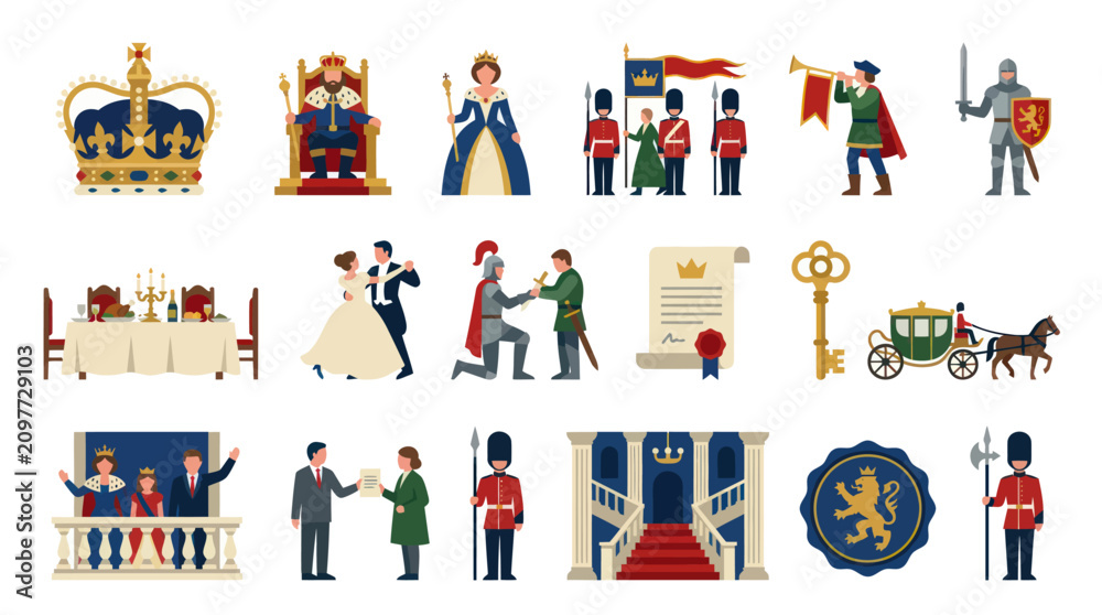 Fototapeta premium Flat Design Monarchy and Medieval Royal Kingdom Elements Set with Characters, Symbols, Icons and Attributes