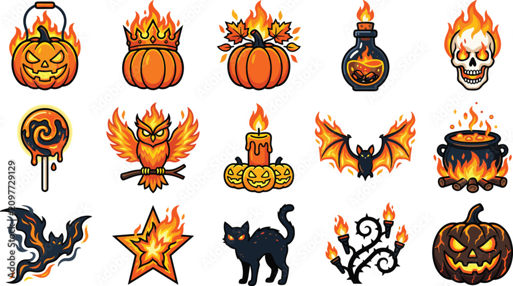 Fototapeta premium Flaming Halloween spooky fire sticker set vector for tshirt design