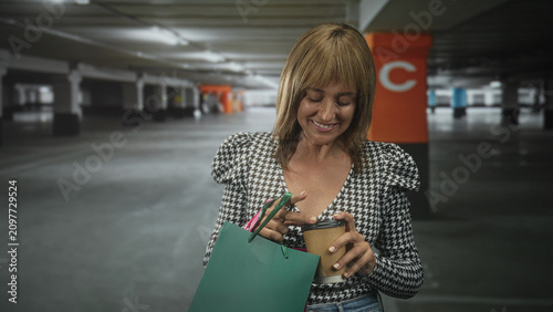 Canvas Print Woman holding a shopping bag and takeaway coffee cup, smiling while looking down in a building parking area; quiet contentment