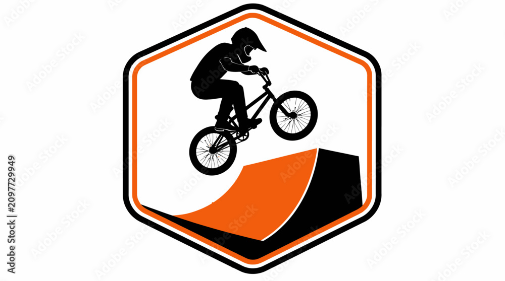 Obraz premium BMX rider jumping on ramp hexagonal badge