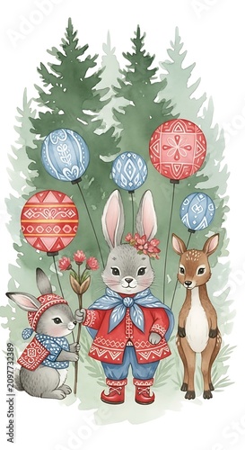 A festive scene with a rabbit, deer, and another rabbit surrounded by ornaments and evergreen trees