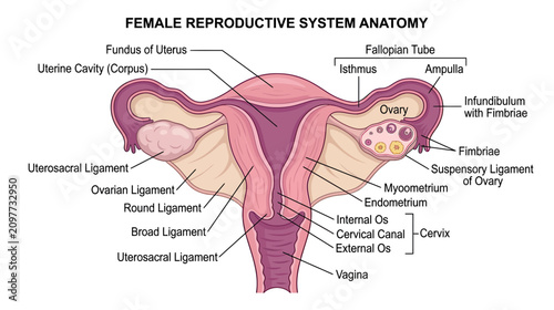 фотографія Female Reproductive System Anatomy Diagram - Uterus, Ovaries, Fallopian Tubes