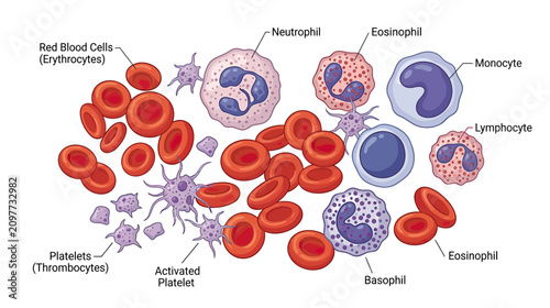 Konstfotografi Human Blood Cells: Red Blood Cells, White Blood Cells, Platelets - Medical Illus