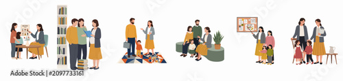 Flat vector illustration set showing professional social workers providing support, advice, and welfare services to various families and children in community settings.