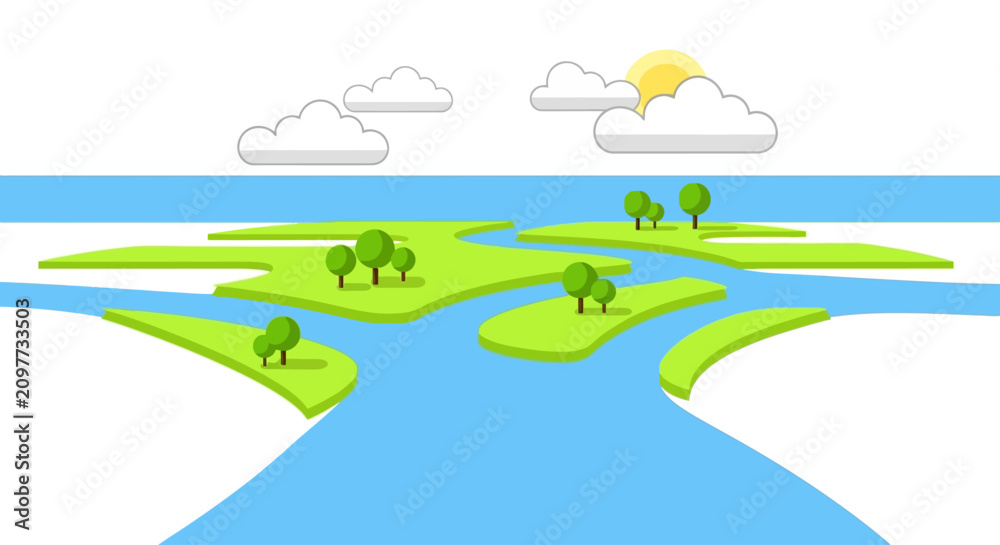 Naklejka premium Stylized river delta with green islands and sunny sky.
