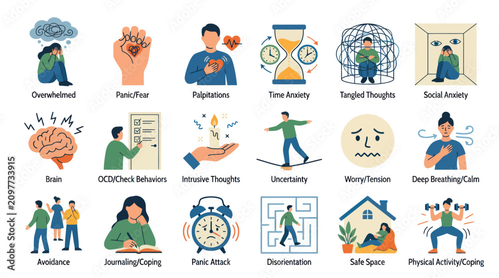 Fototapeta premium Mental Health Icons: Anxiety, Stress, Coping - Flat Vector Illustration