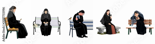 Fotografie Set of illustrations depicting grieving women in black mourning attire sitting on benches, holding photographs of their lost loved ones with profound sadness