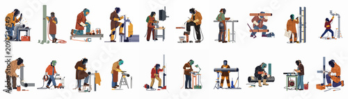 Canvas Print Collection of professional welders in protective gear performing various industrial metalwork and pipe welding tasks, flat vector illustration isolated on white background