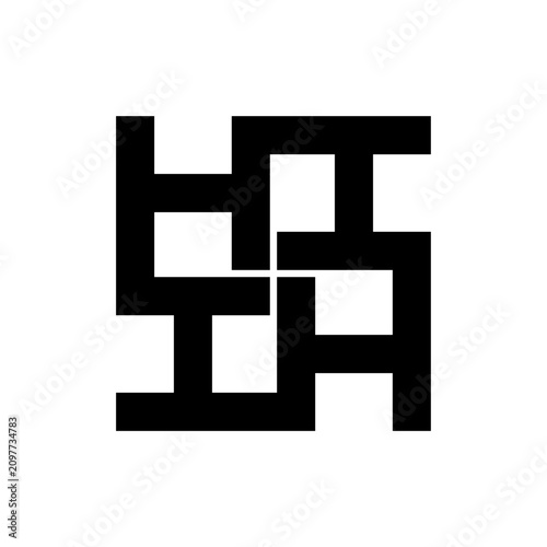 A bold geometric monogram logo featuring four interconnected uppercase letter H forms arranged in a symmetrical square composition. The minimalist black-and-white design uses thick linear strokes and 