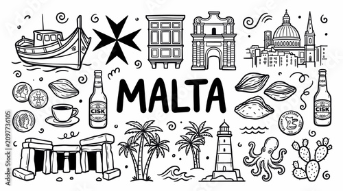 Malta Island Travel Landmarks in Black and White Hand Drawn Doodle Style