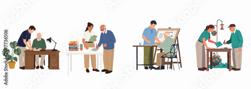 Bild auf Leinwand Illustration set of elderly people receiving legal assistance and help with document signing from young volunteers or professionals in various settings